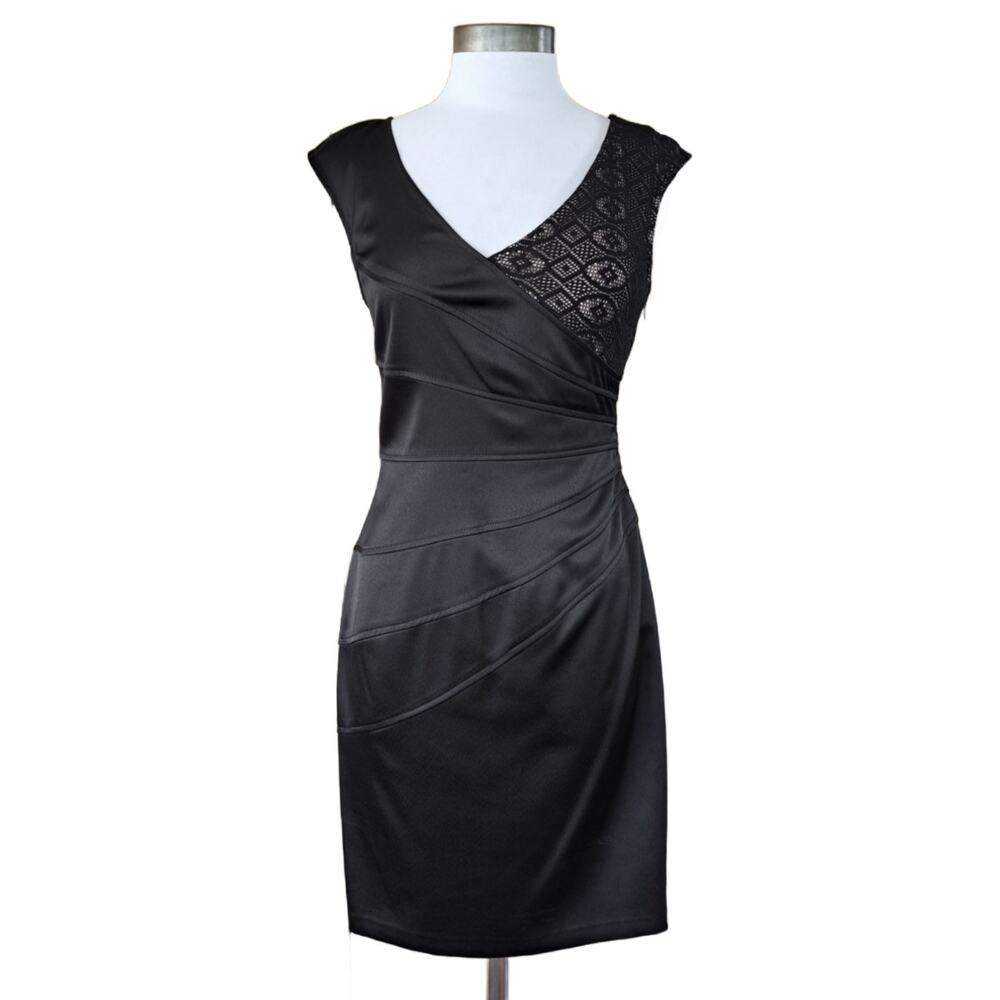 NEW Maggie London Black Satin Lace Sheath Cocktail Dress Size 6
